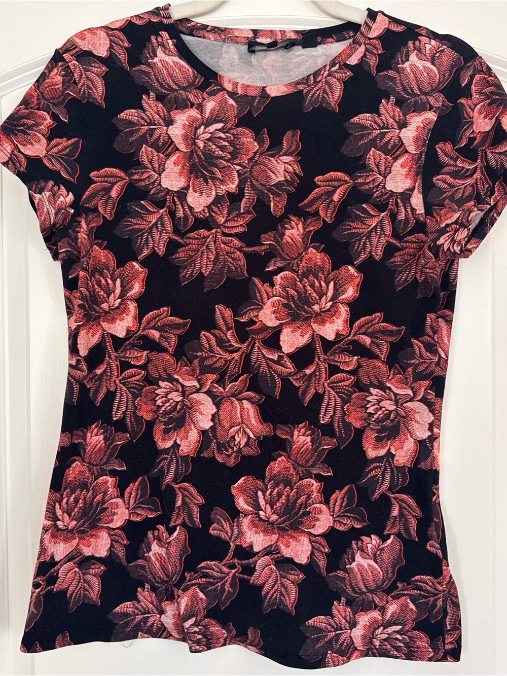 Ted Baker London Floral T-Shirt Size 2 Black Pink Cotton Stretch Fitted Tee